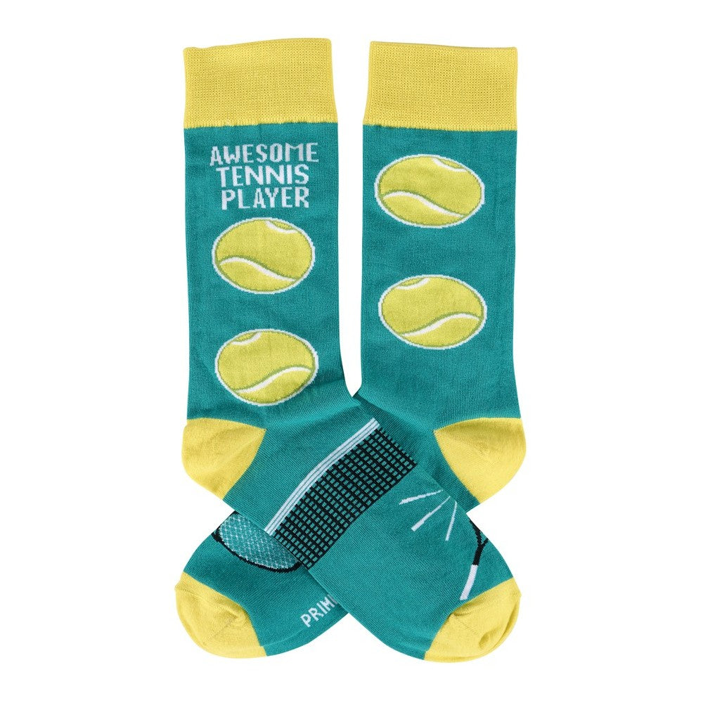 Teal and yellow socks with tennis balls and "AWESOME TENNIS PLAYER" text.