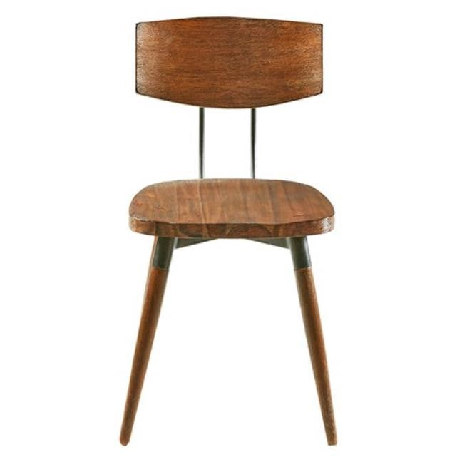 Wooden chair with angled legs and a curved backrest.
