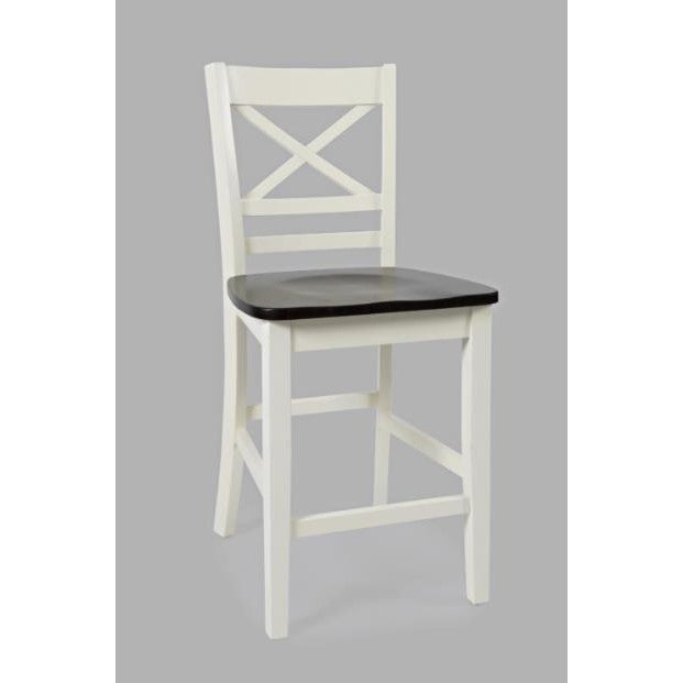 White chair with X-back and dark seat on a gray background.
