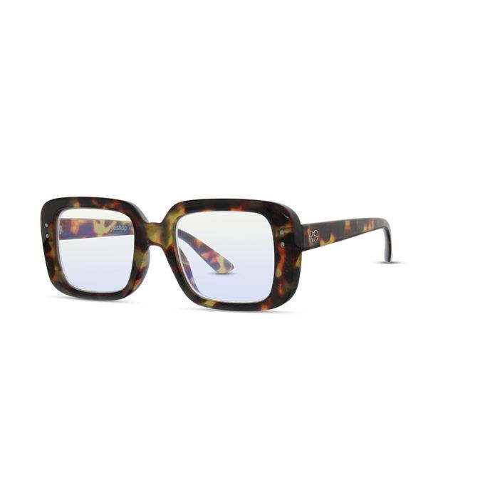 Square tortoiseshell glasses with blue-tinted lenses.