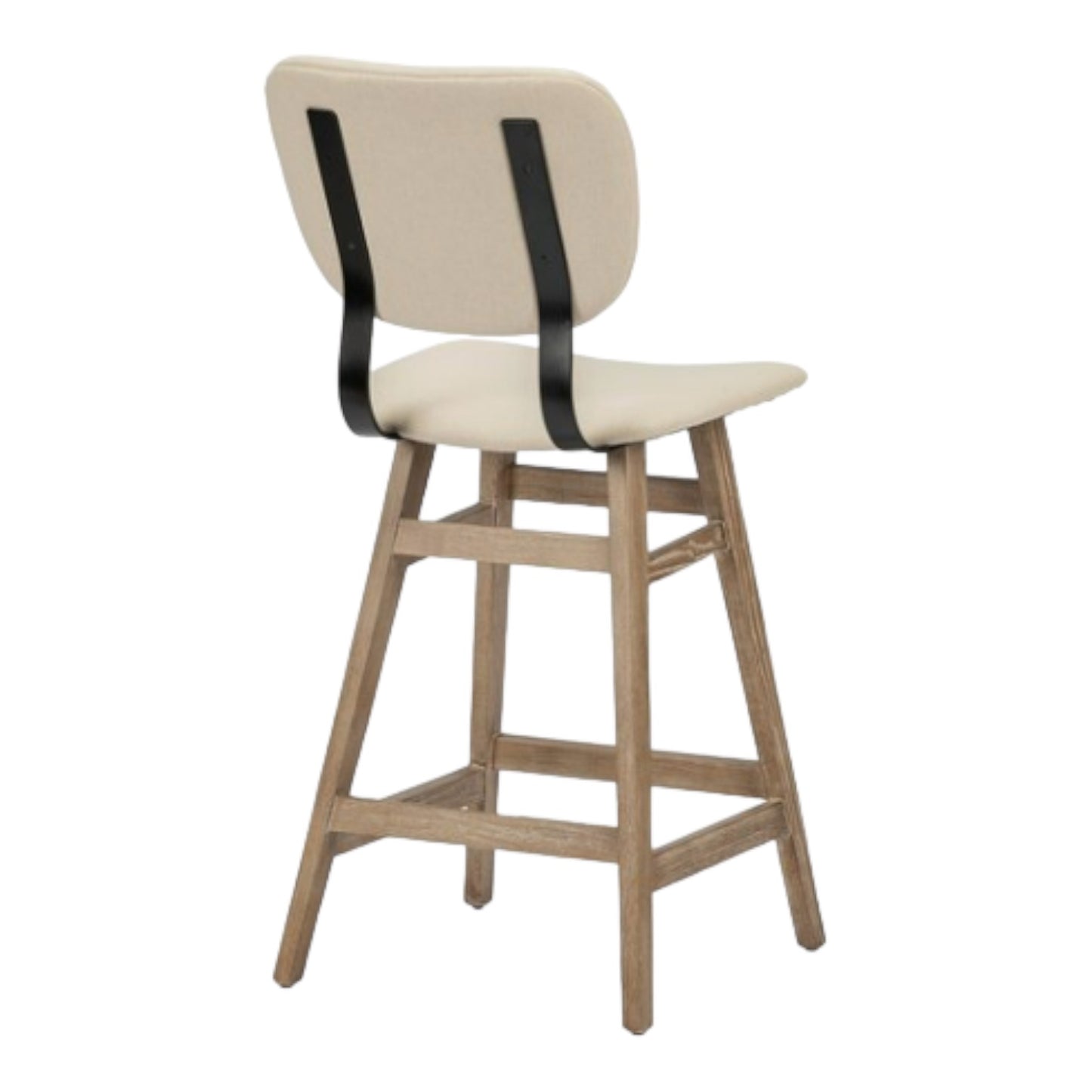 Beige cushioned barstool with wooden legs and black metal accents.