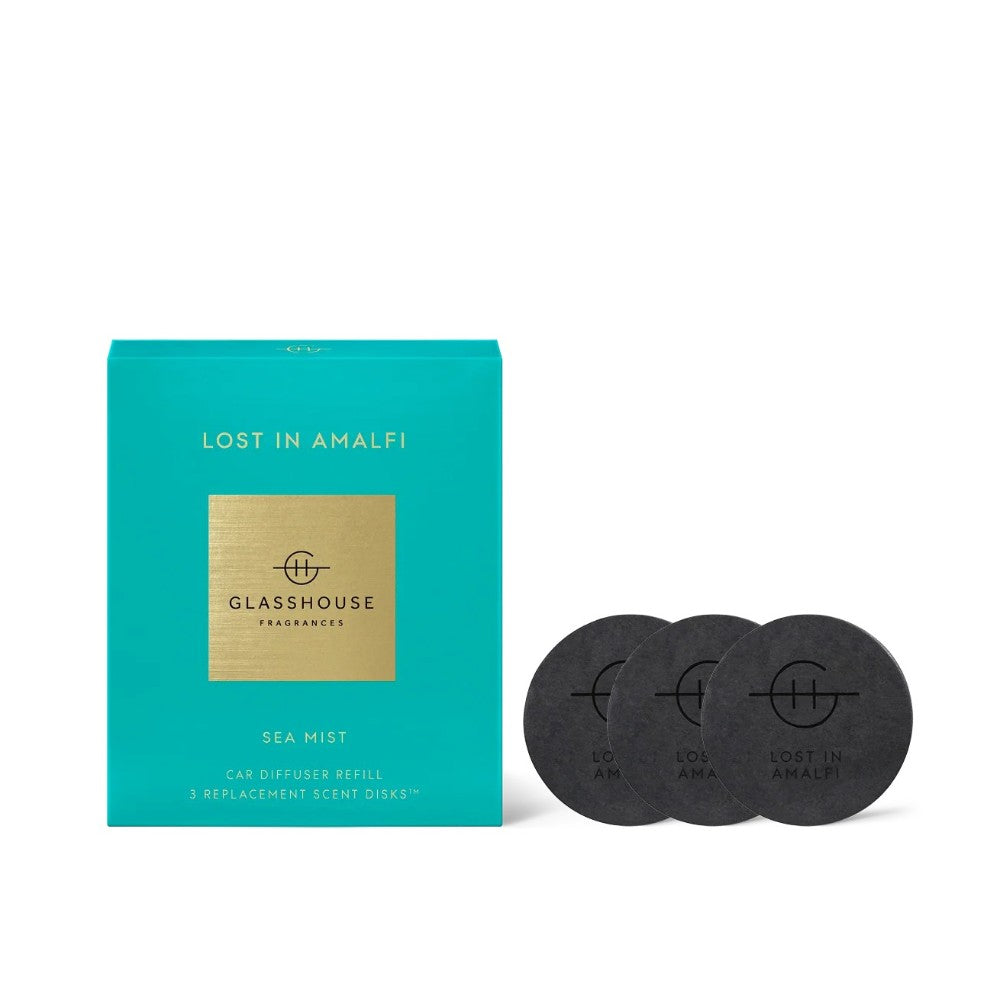Teal box with "Lost in Amalfi" car diffuser scent disks.