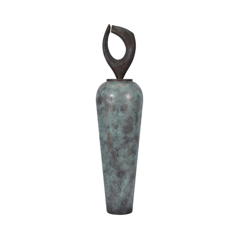 Tall, patina-finished sculpture with abstract metal top.