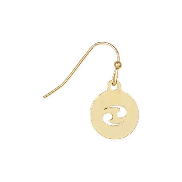 Gold earring with a zodiac symbol charm.