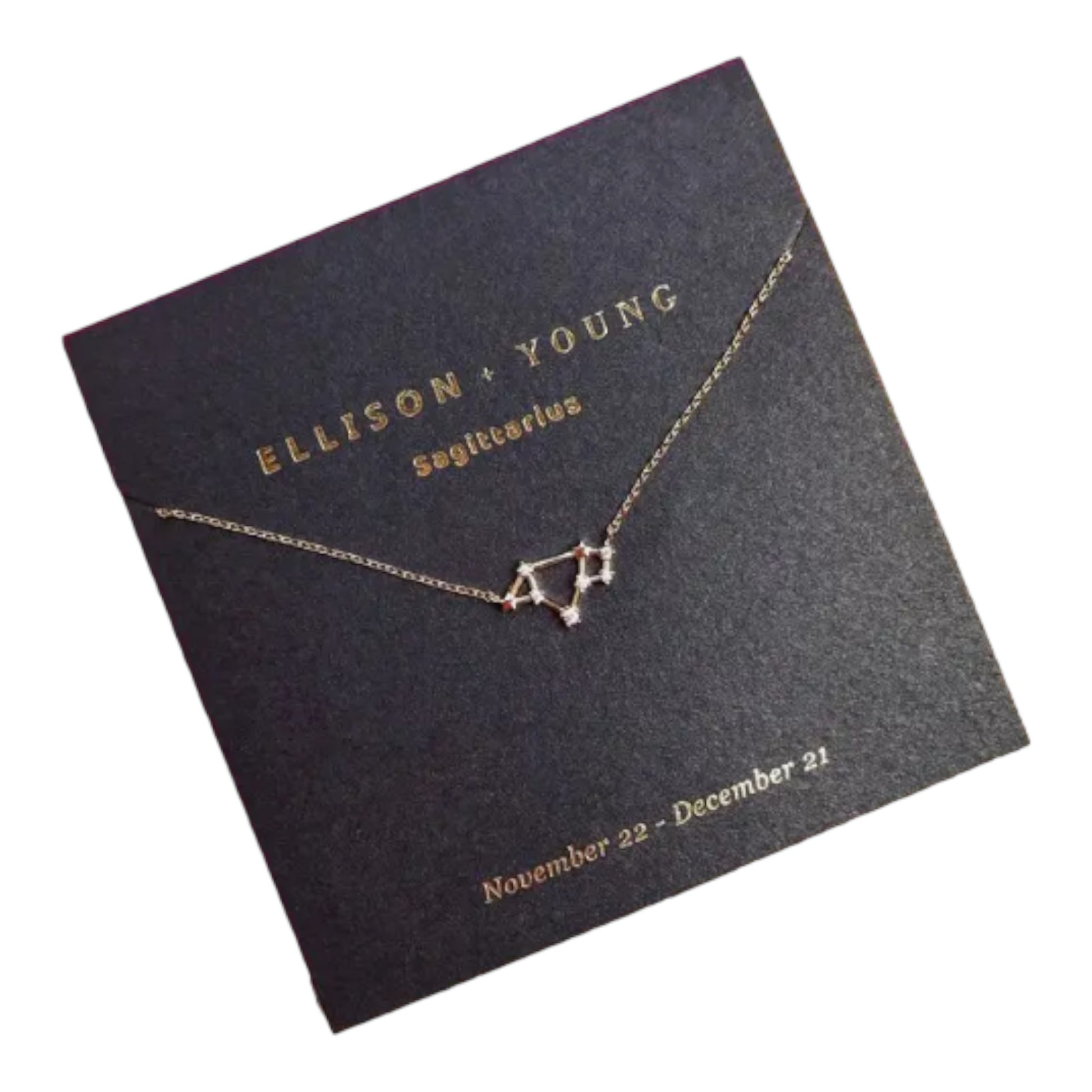 Sagittarius constellation necklace on black card with dates.