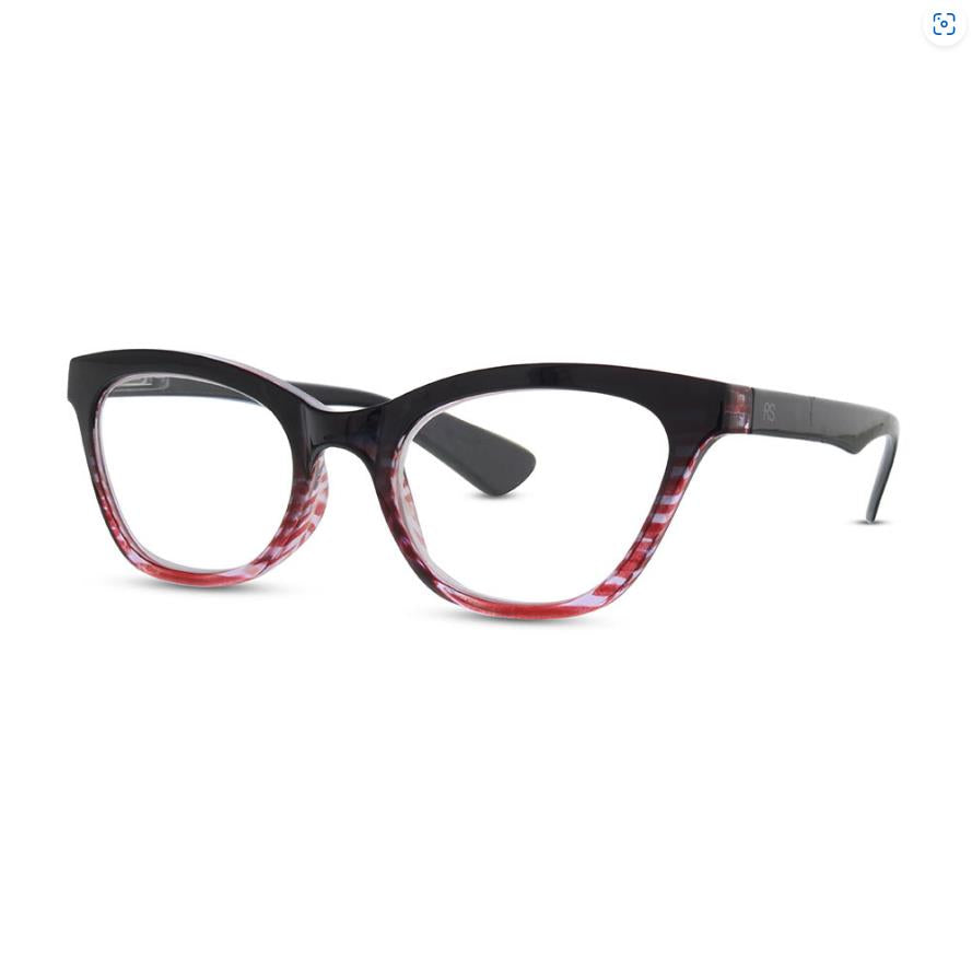 Black and red cat-eye glasses with striped arms.