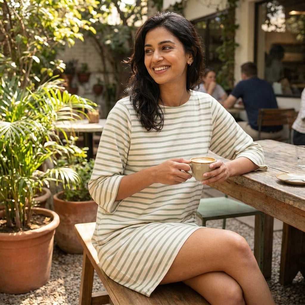 Smiling woman in striped dress enjoying coffee at an outdoor café.