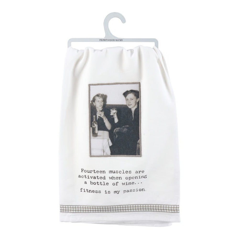 Vintage photo towel with wine humor text below.