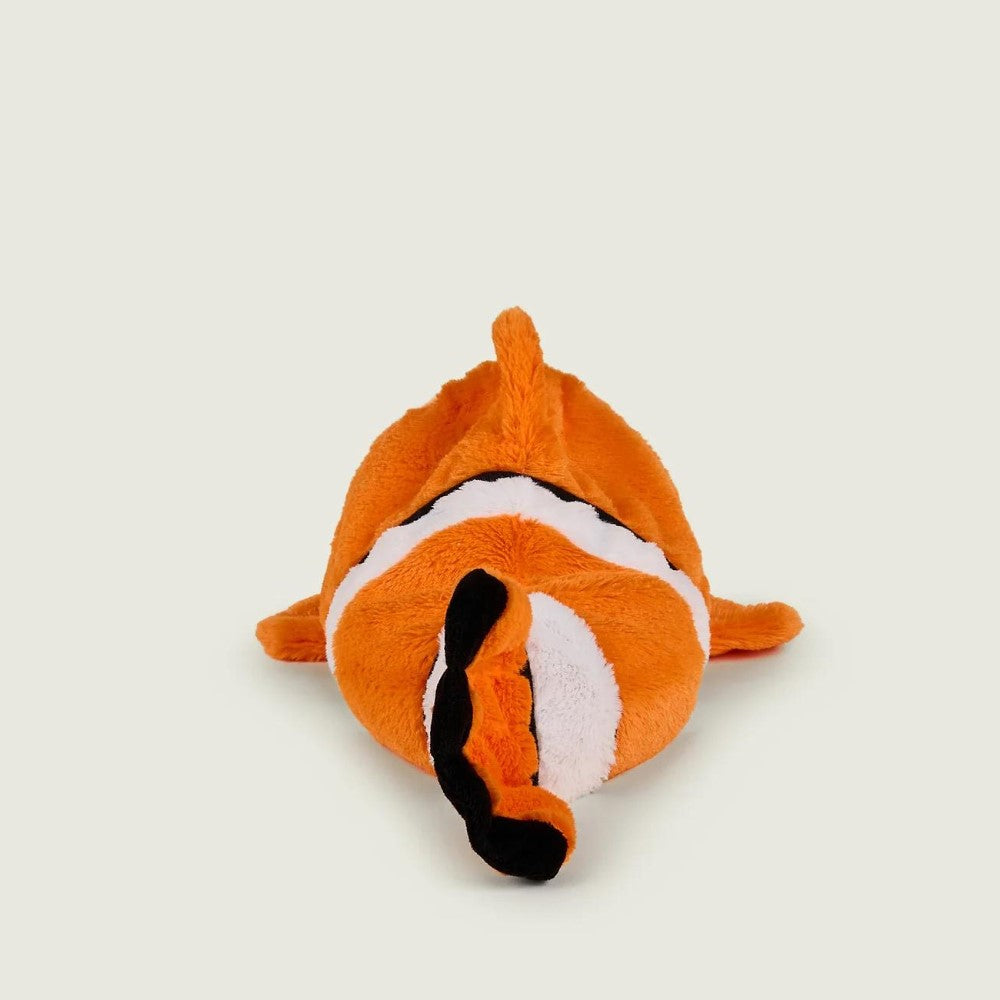 Stuffed orange and white plush toy fish on a light background.