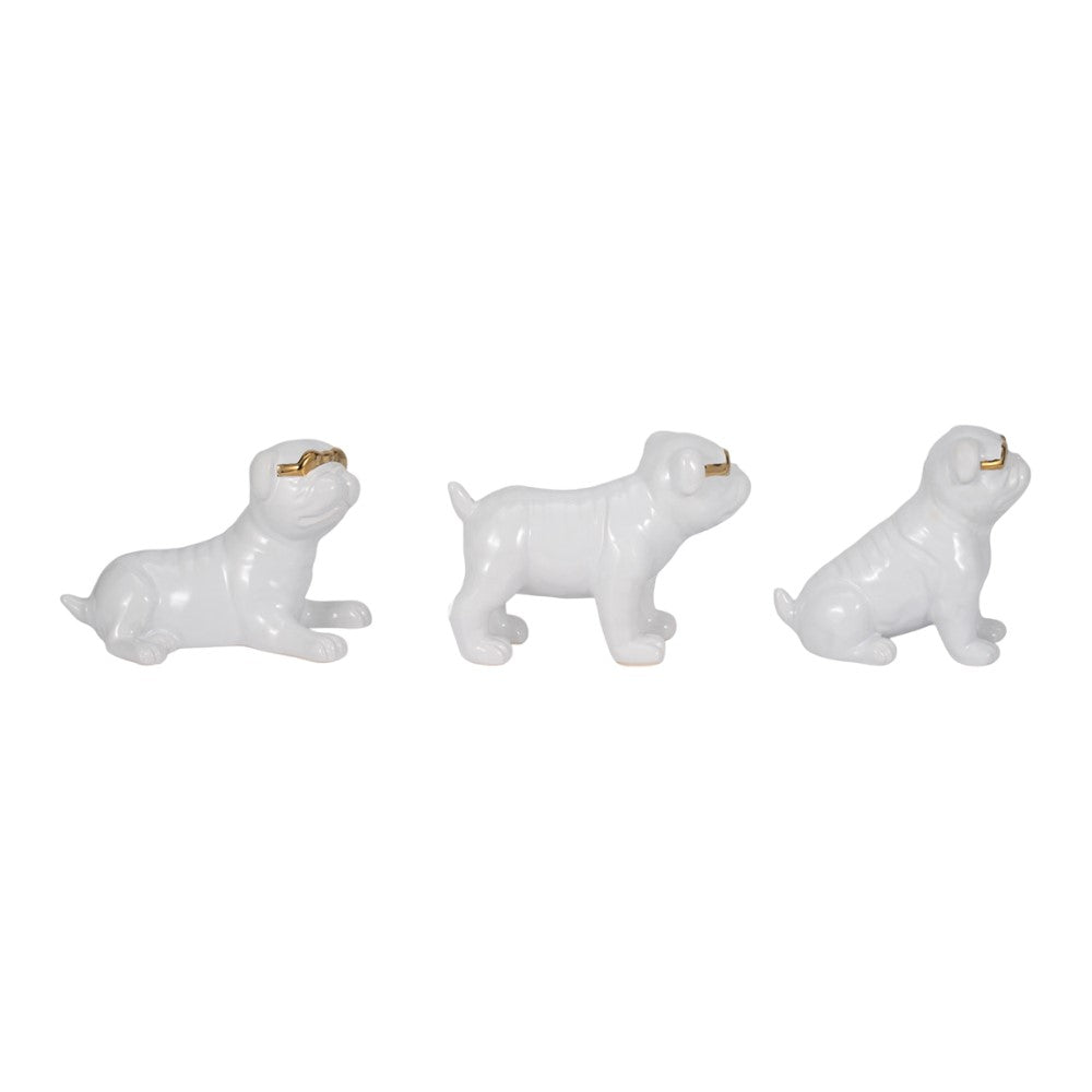 Three white ceramic dog figurines with gold sunglasses in different poses.