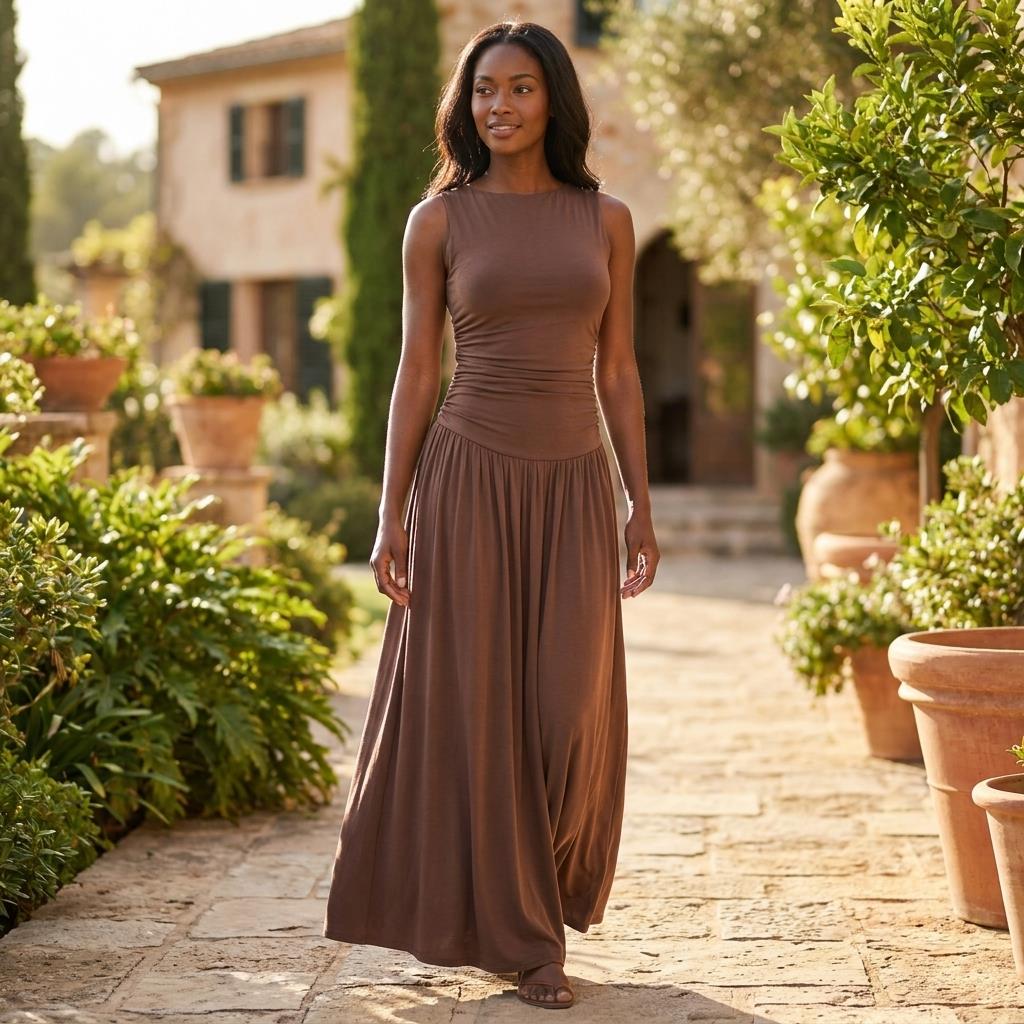 Woman in brown dress walking outdoors, surrounded by greenery and rustic architecture.