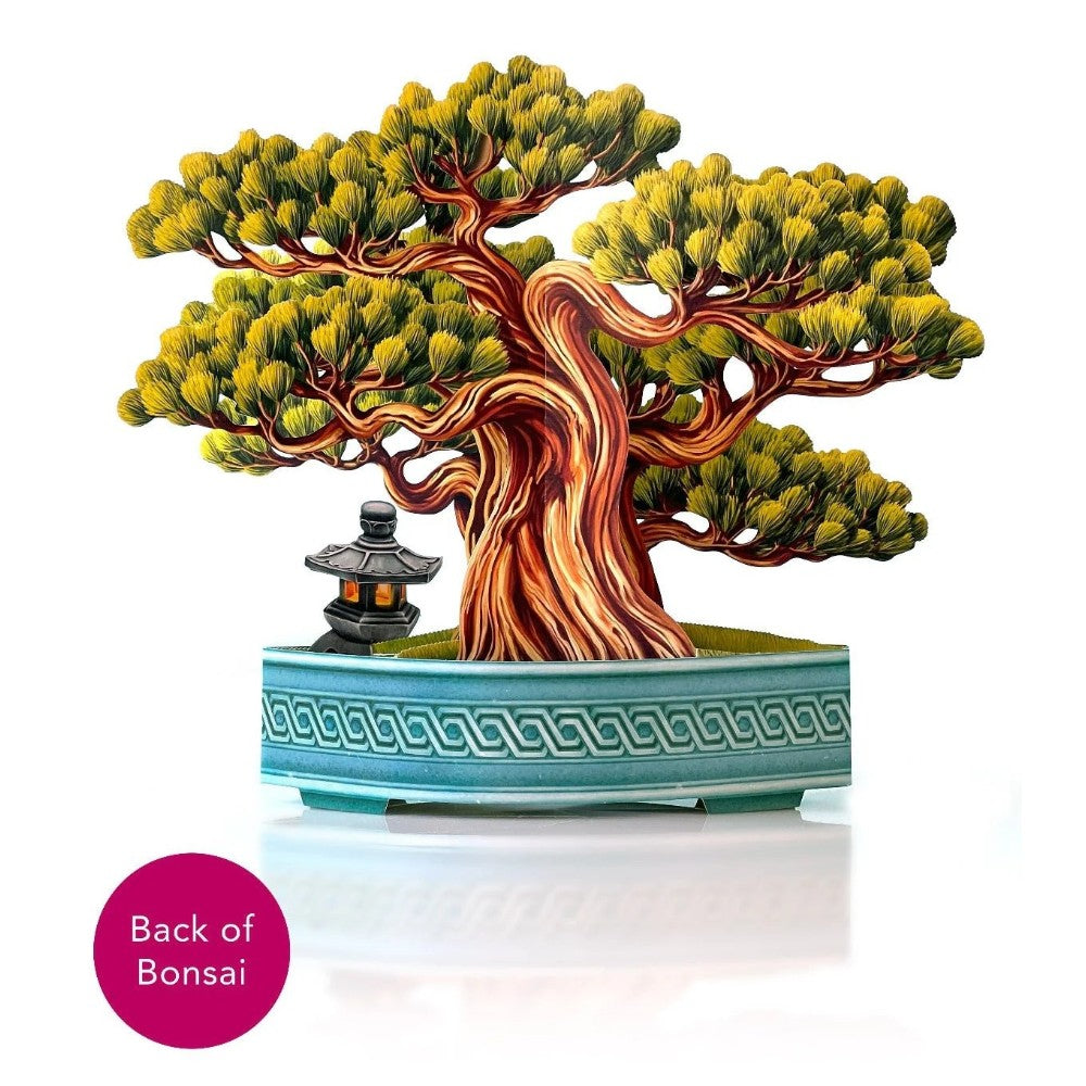 Colorful bonsai tree in a turquoise pot with a tiny lantern.
