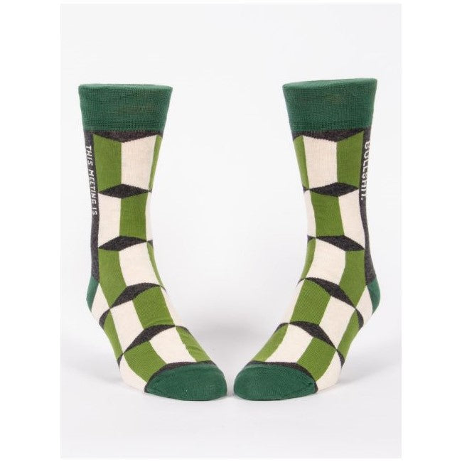 Green and beige socks with a geometric pattern.