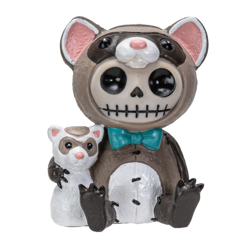 Skeleton raccoon figure with blue bowtie, holding a small raccoon.
