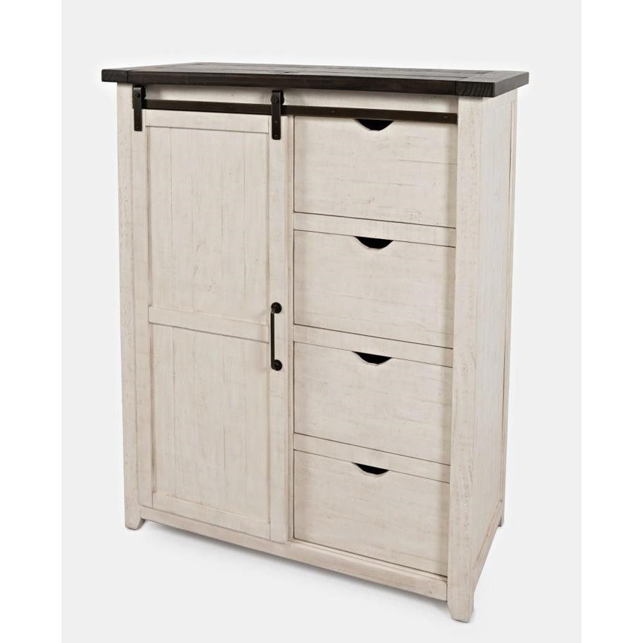 White cabinet with dark top, sliding door, and four drawers.