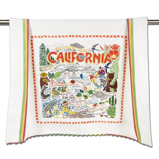 Colorful California map-themed tea towel with vibrant illustrations.