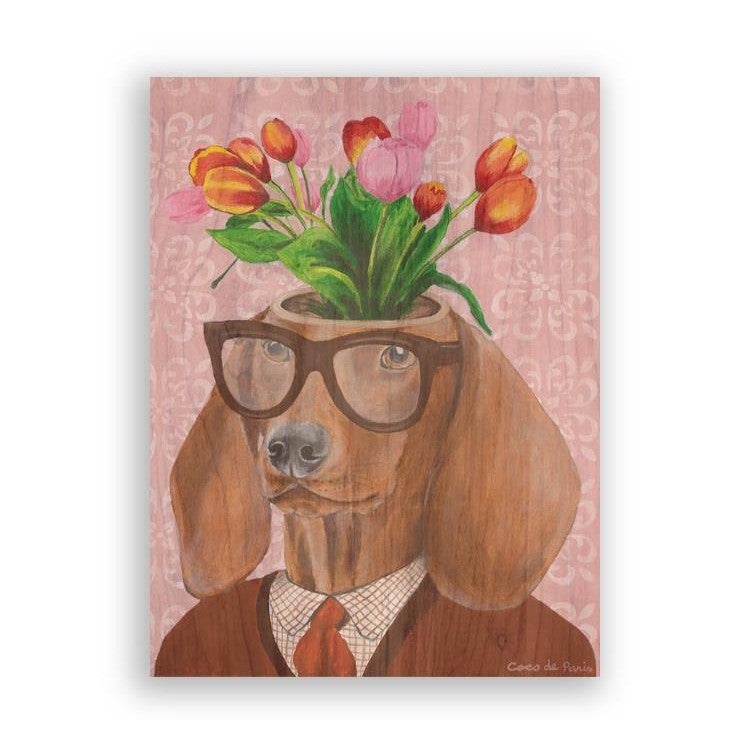 Picture of "Daschund with Flowers" Wood Block Art Print