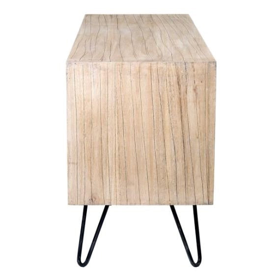 Wooden bench on metal hairpin legs, side view.