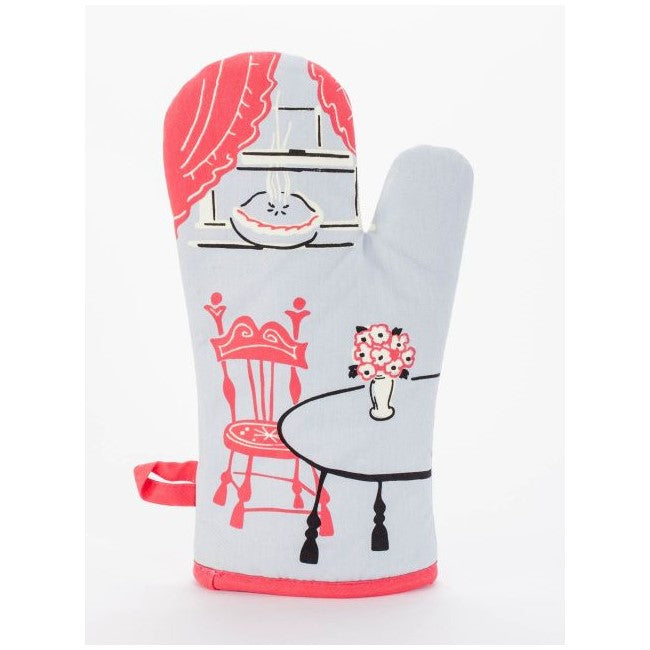 Vintage-style oven mitt with kitchen scene print.