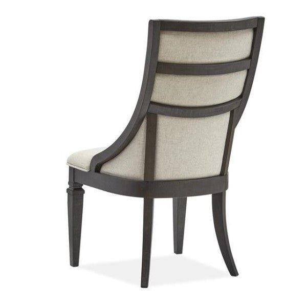 Elegant chair with dark frame and beige upholstery, viewed from the back.