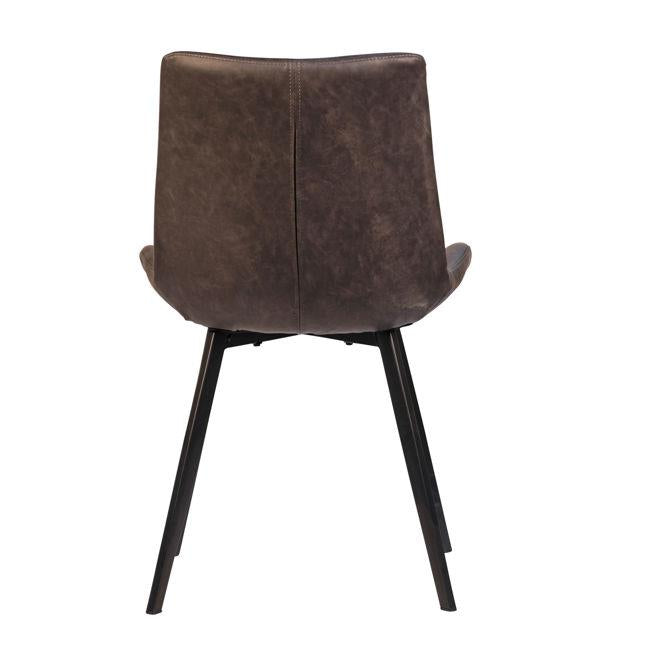 Back view of a brown chair with black metal legs.