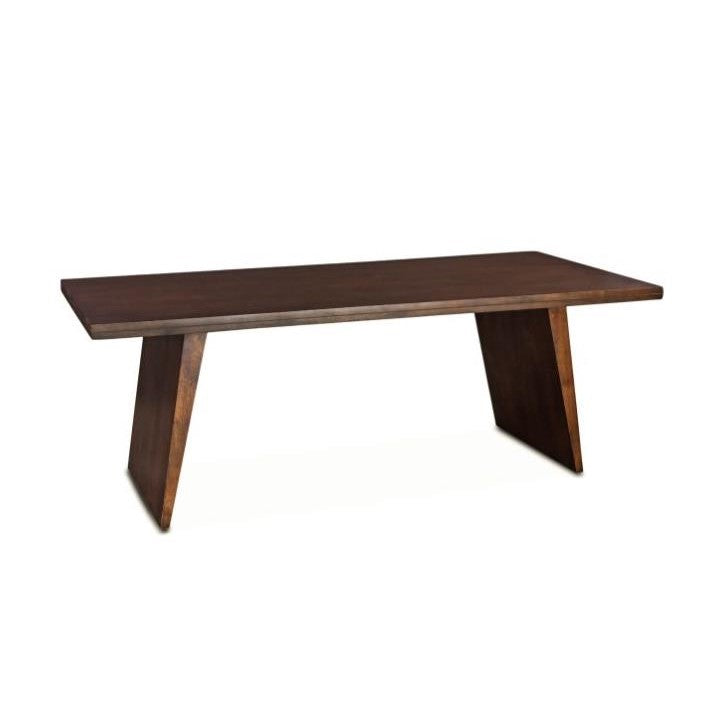 A sleek wooden table with angled legs and a minimalist design.