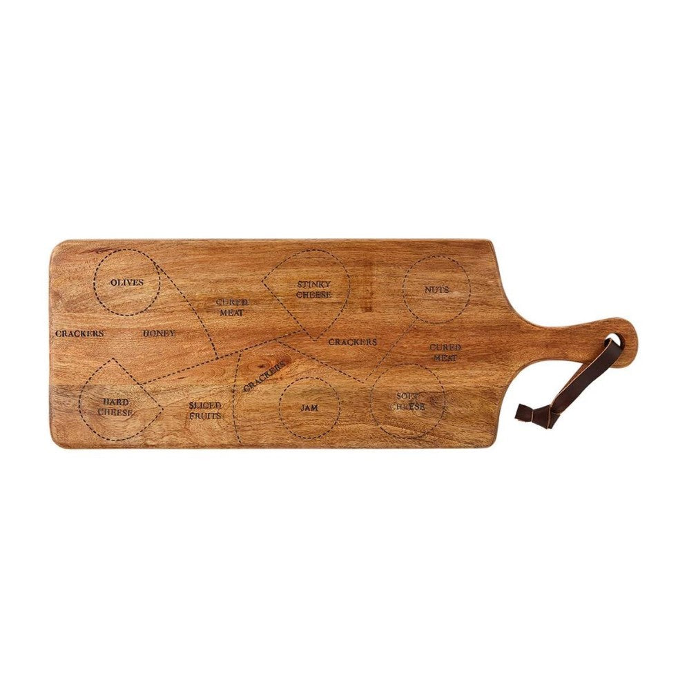 Wooden charcuterie board with labeled serving sections.