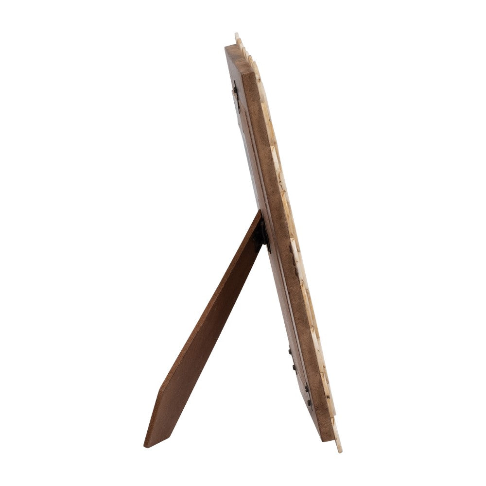 Side view of a wooden picture frame with a stand.