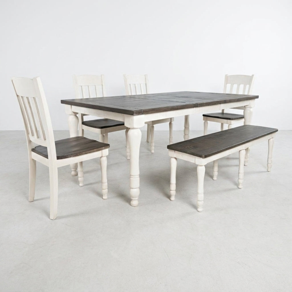 Wooden dining set with white chairs and a bench.