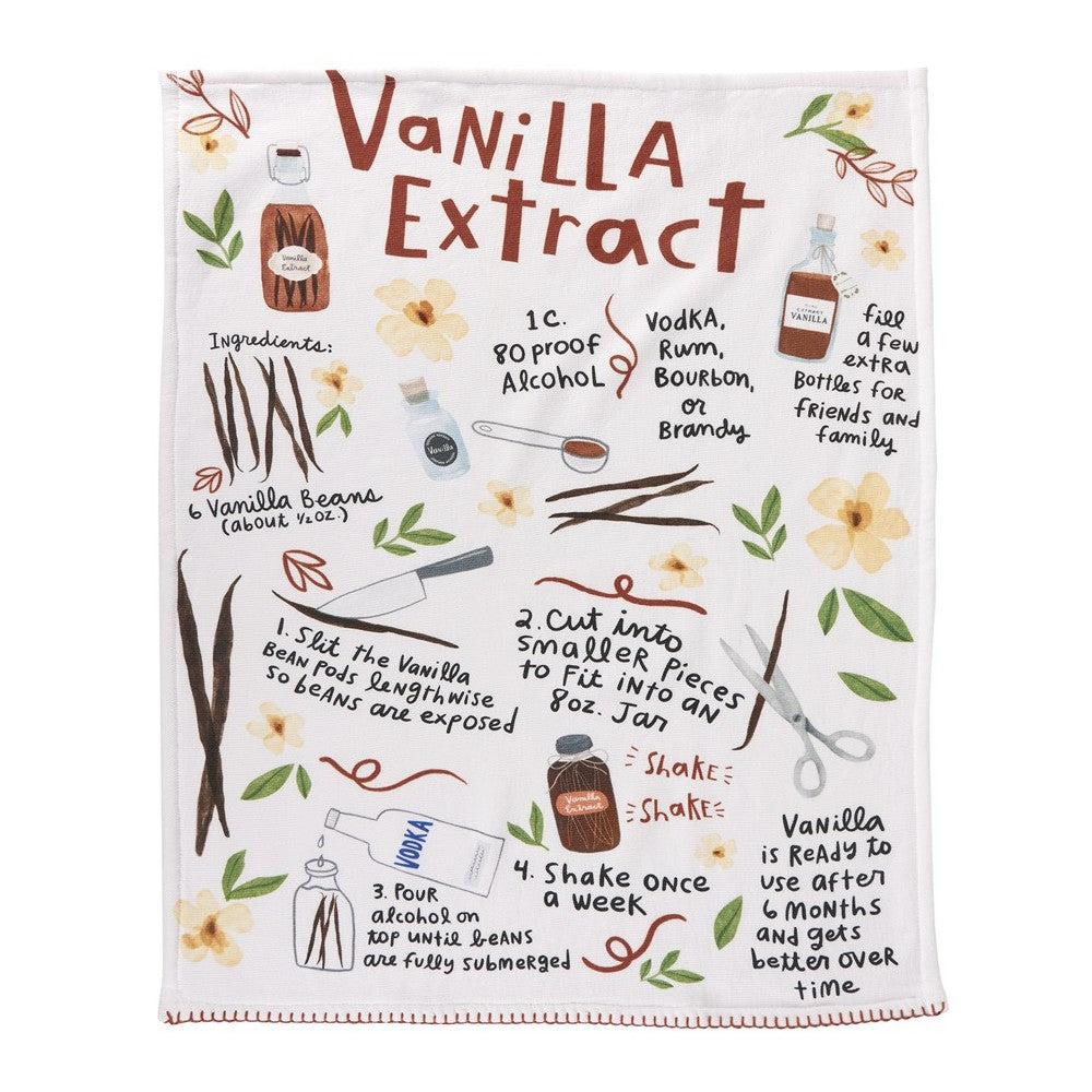Illustrated vanilla extract recipe with beans, alcohol, flowers, and instructions.
