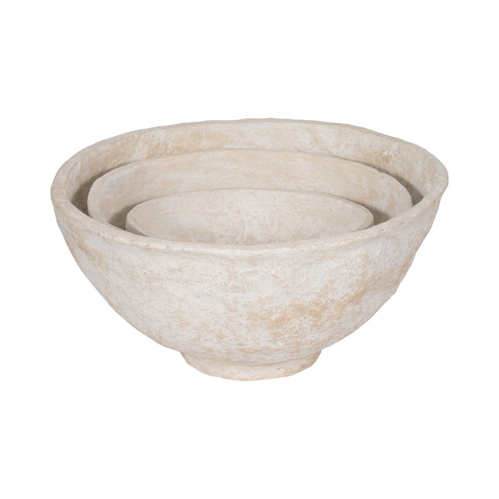 Three nested, textured beige bowls.