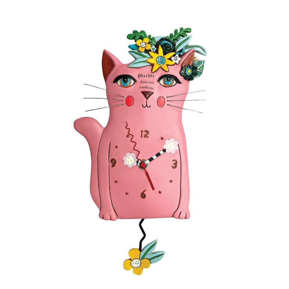 Pink cat clock with floral decorations and a pendulum tail.