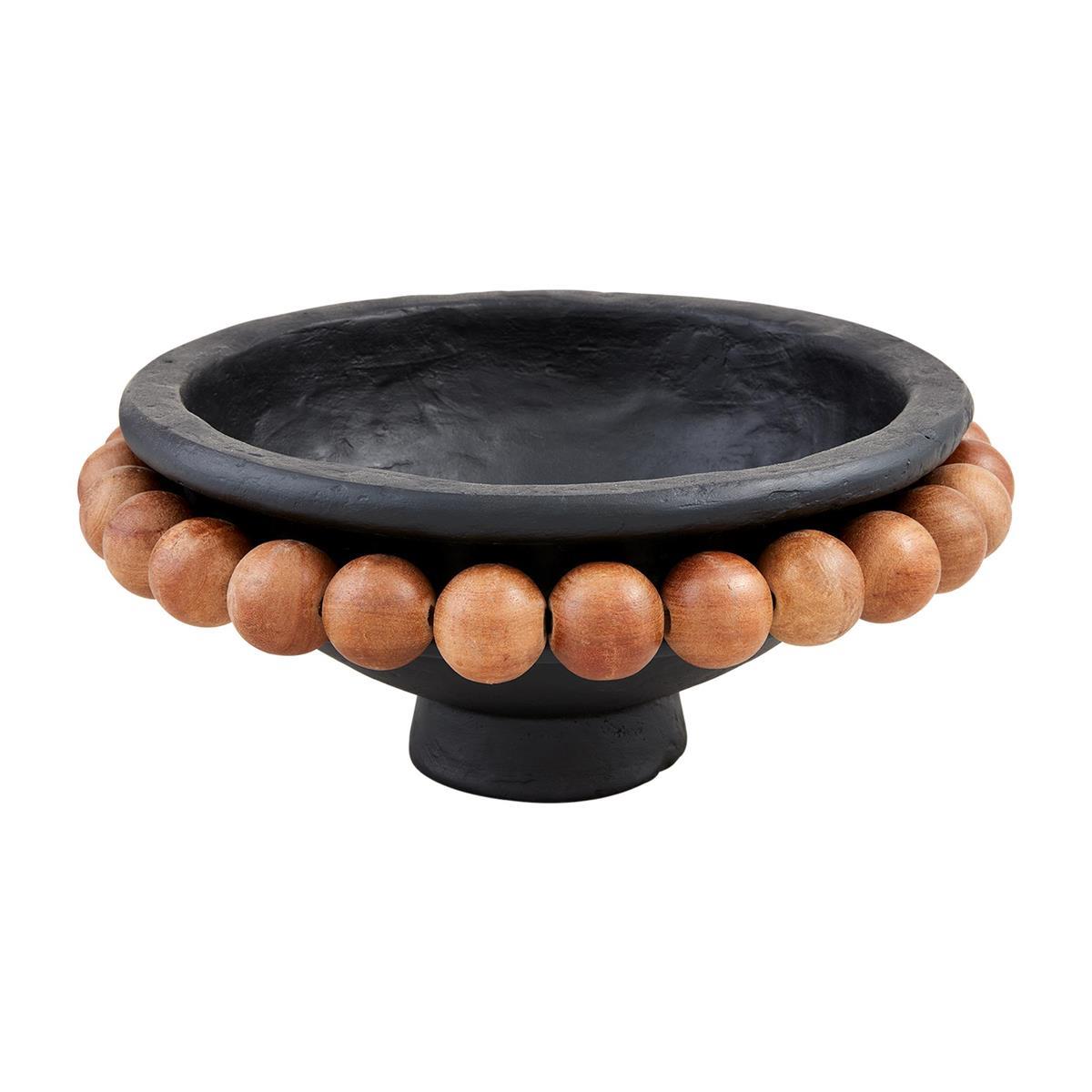 Black bowl with wooden bead rim on a pedestal base.