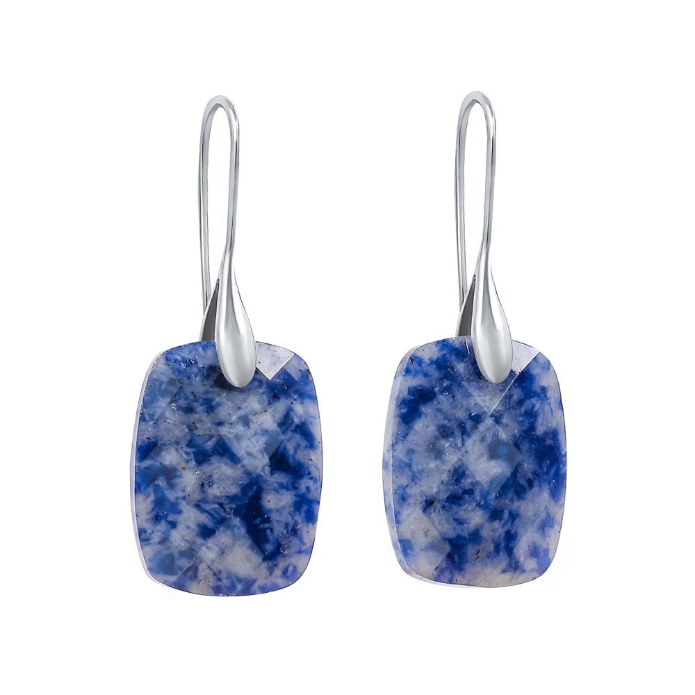 Silver hook earrings with rectangular blue stones.