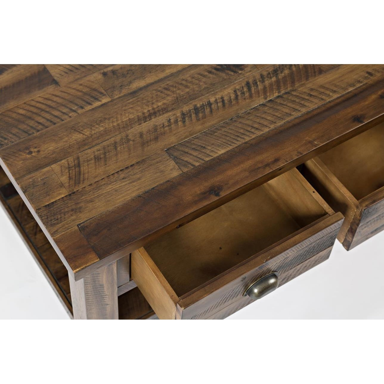 Wooden table with two open drawers, rustic finish.