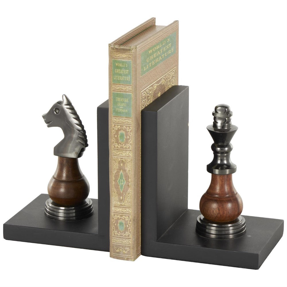 Chess-themed bookends with a classic book in between.
