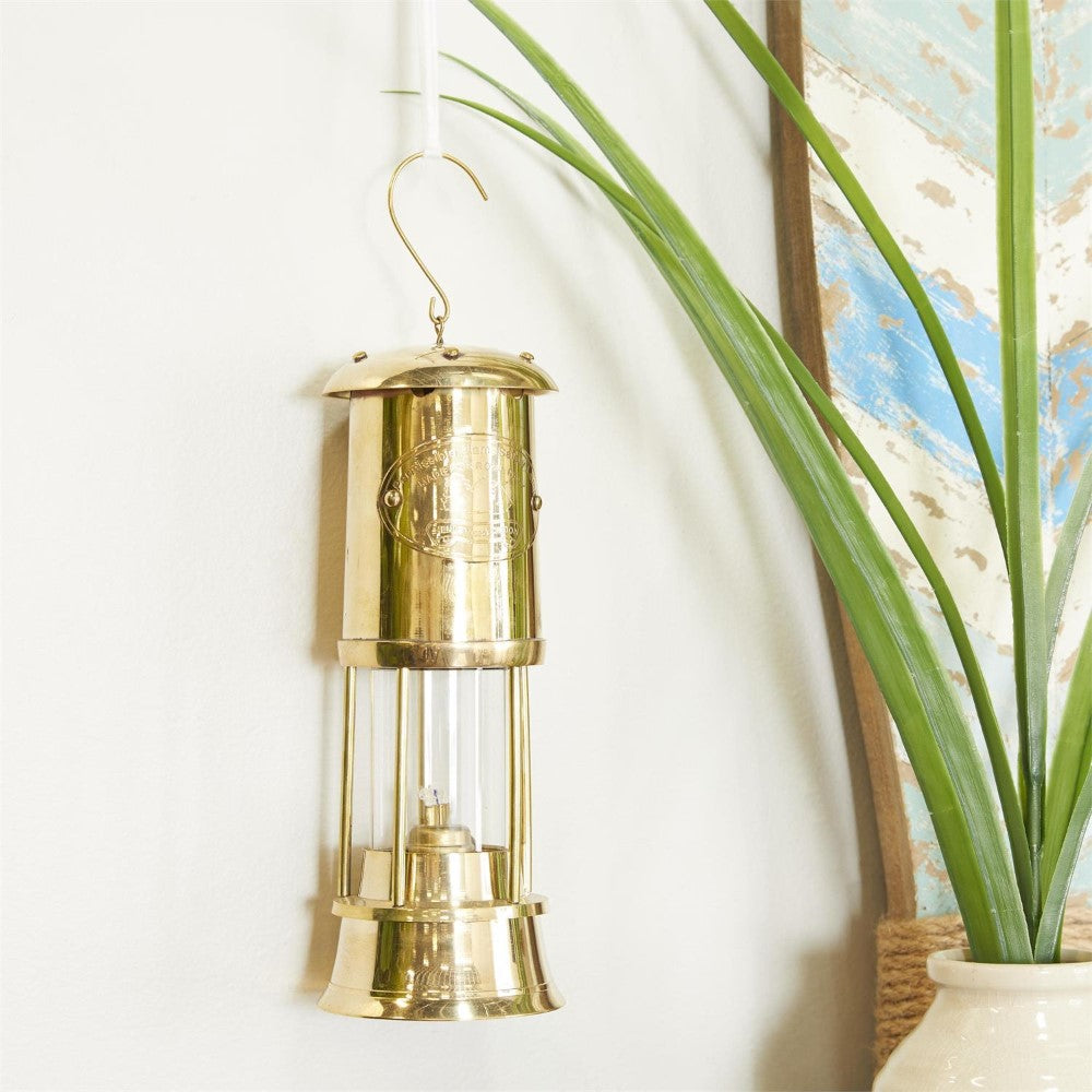 Golden brass lantern hanging on a wall beside plant leaves.