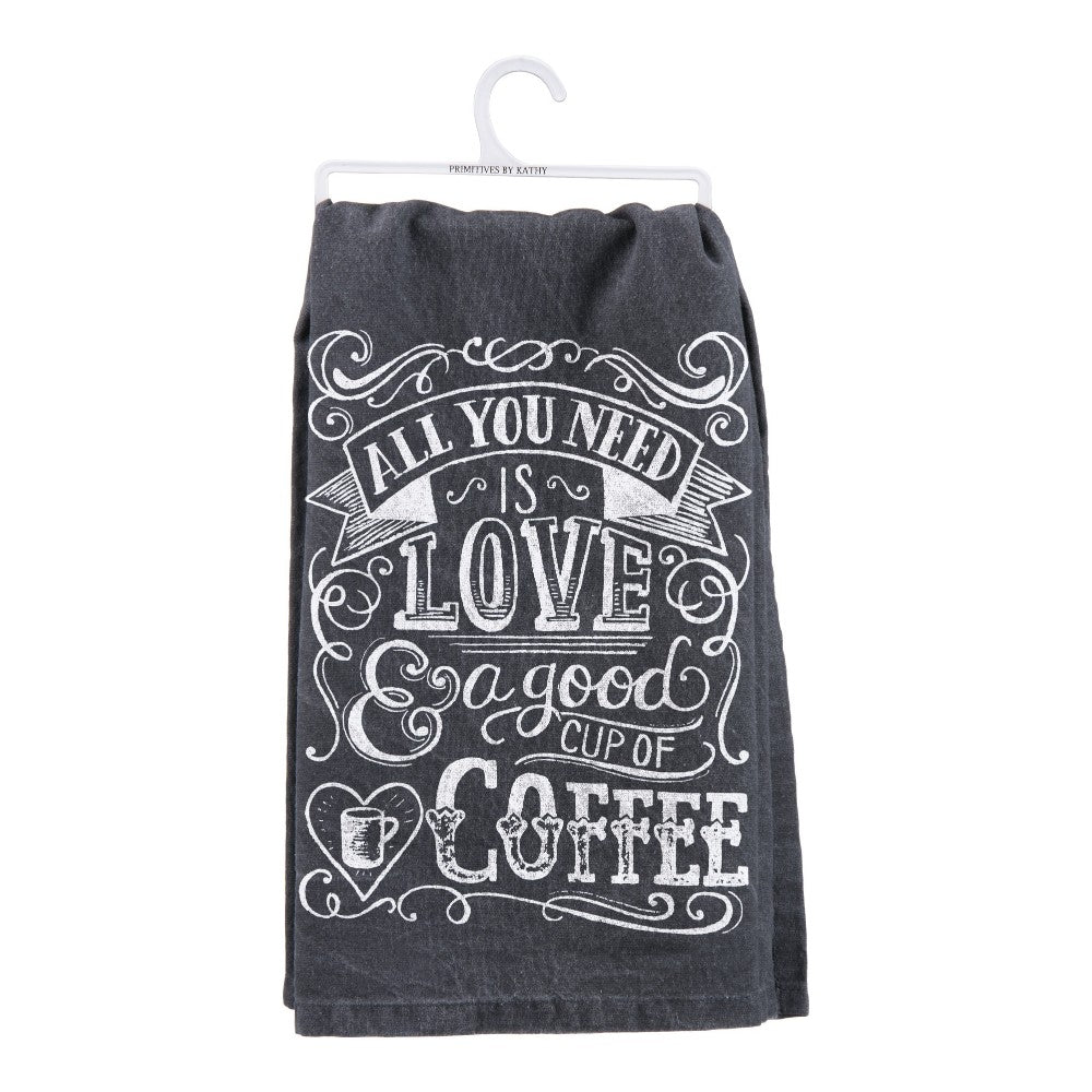 Black towel with "All You Need is Love & a Good Cup of Coffee" design.