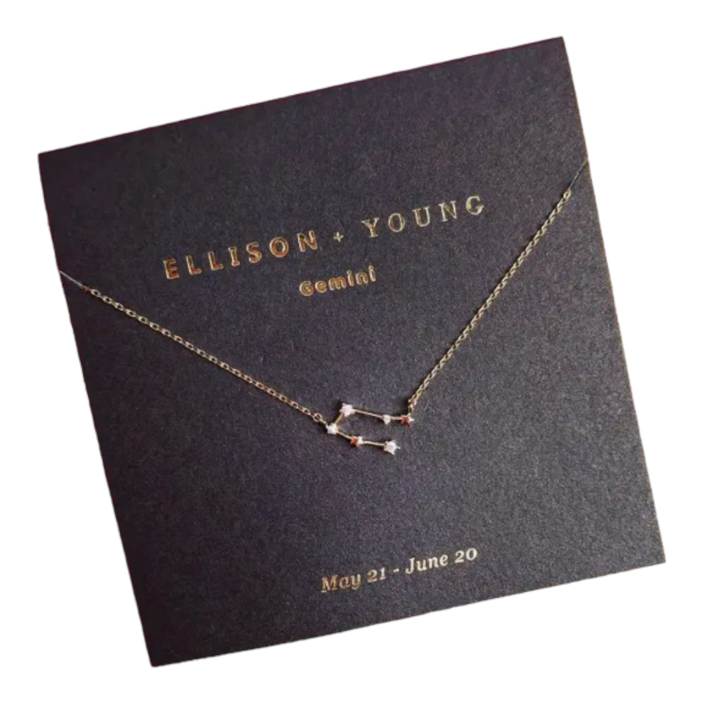 Gemini necklace on black card, May 21 - June 20.