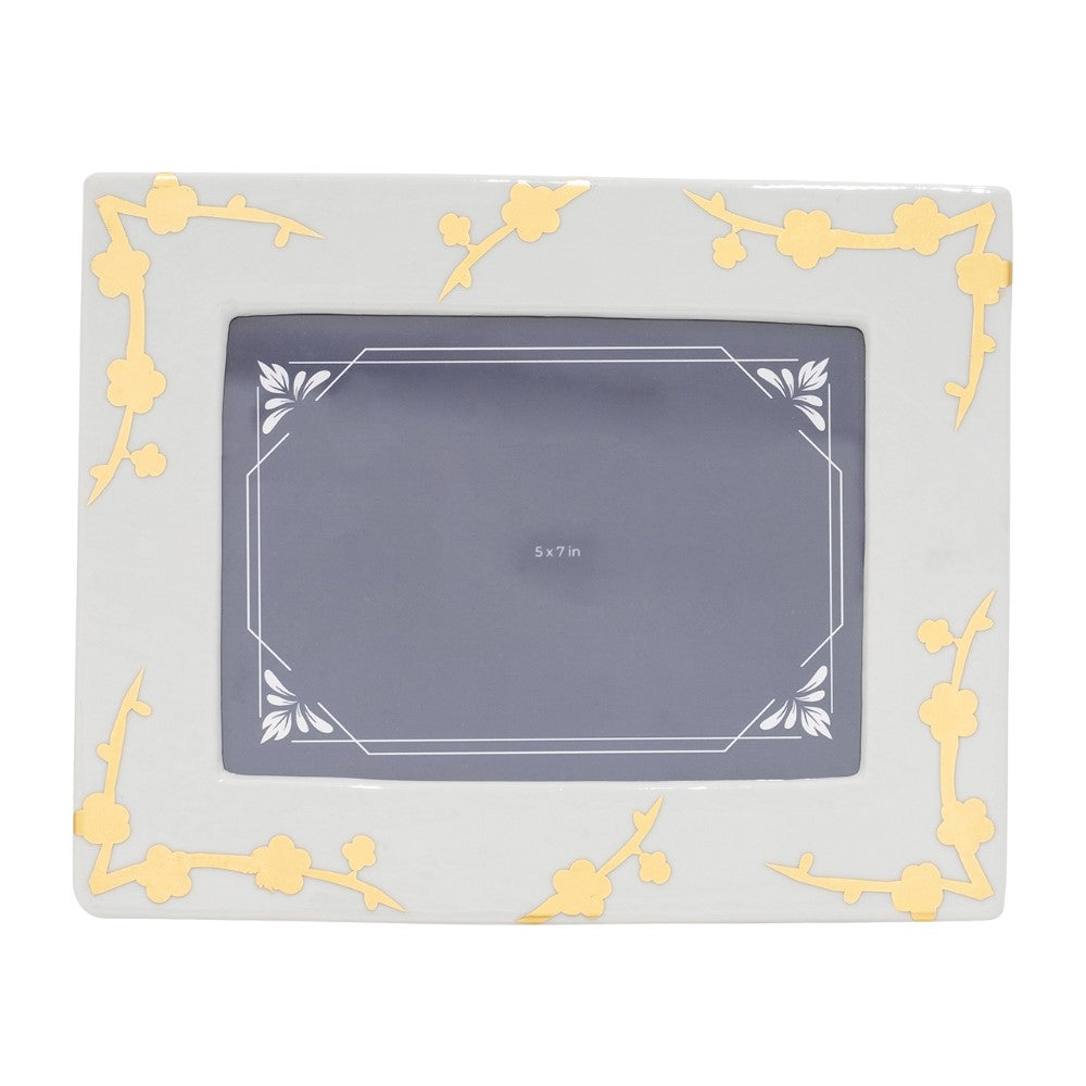 Decorative 5x7 white frame with gold floral accents.