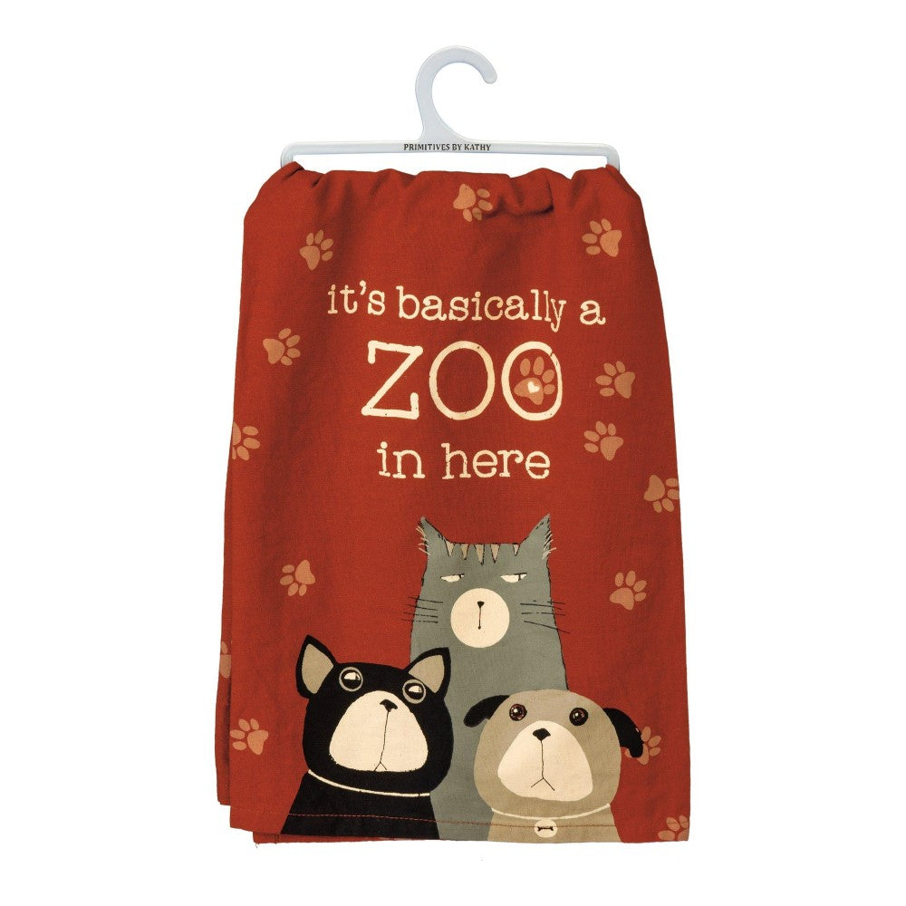 Red towel with animals and "it's basically a zoo in here" text.