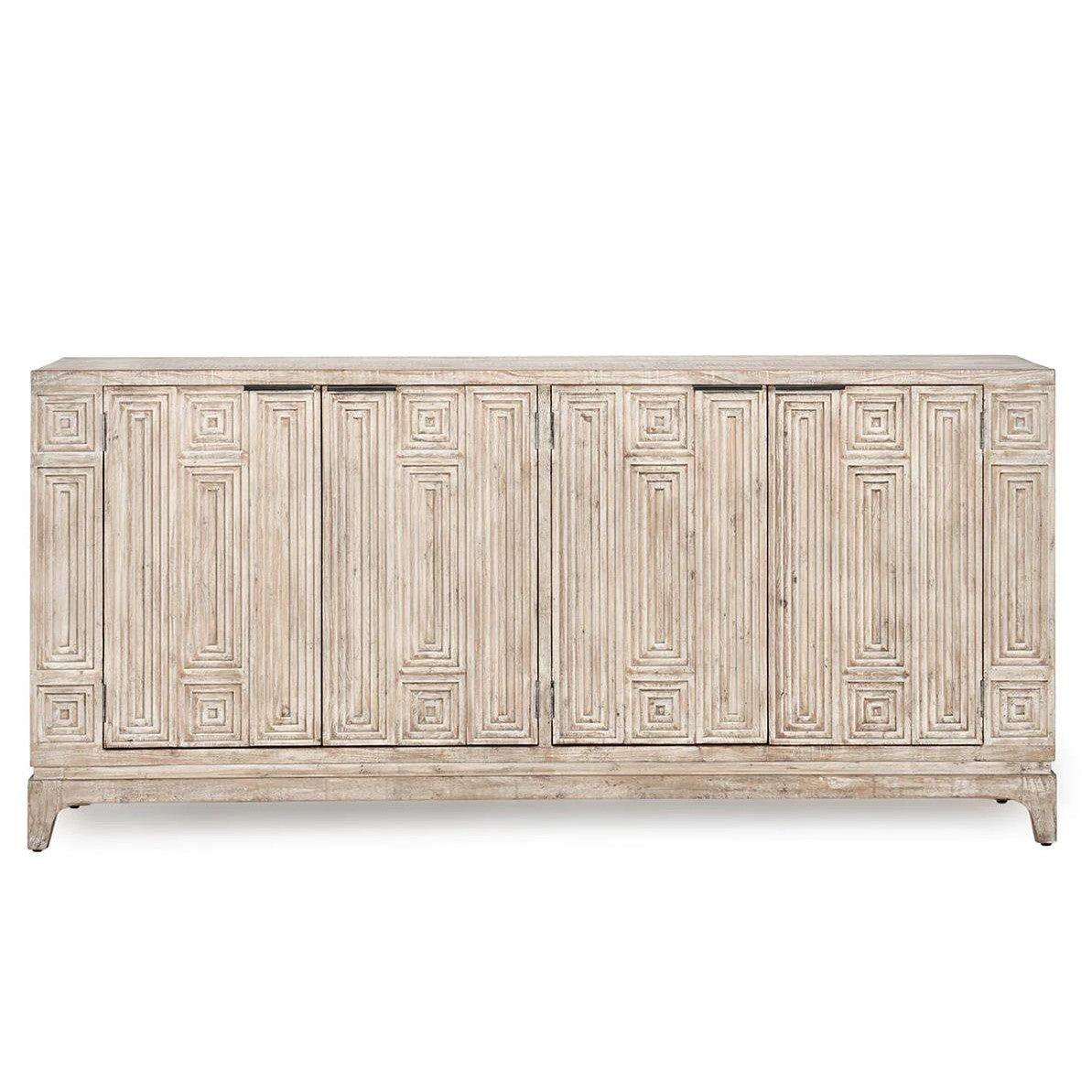 Ornate, vintage sideboard with a geometric pattern on wooden doors.
