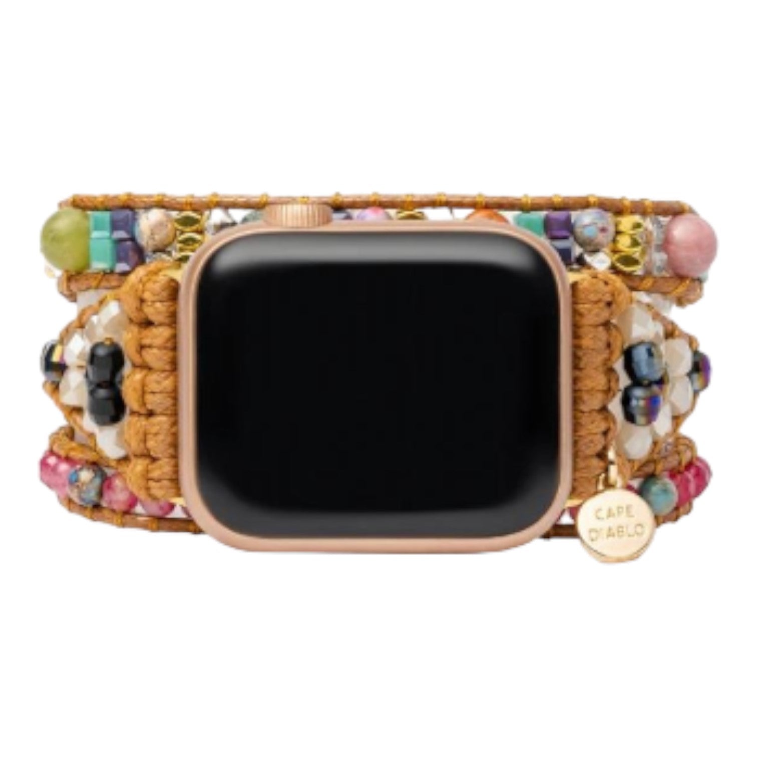 Colorful beaded smartwatch band with gems and woven details.