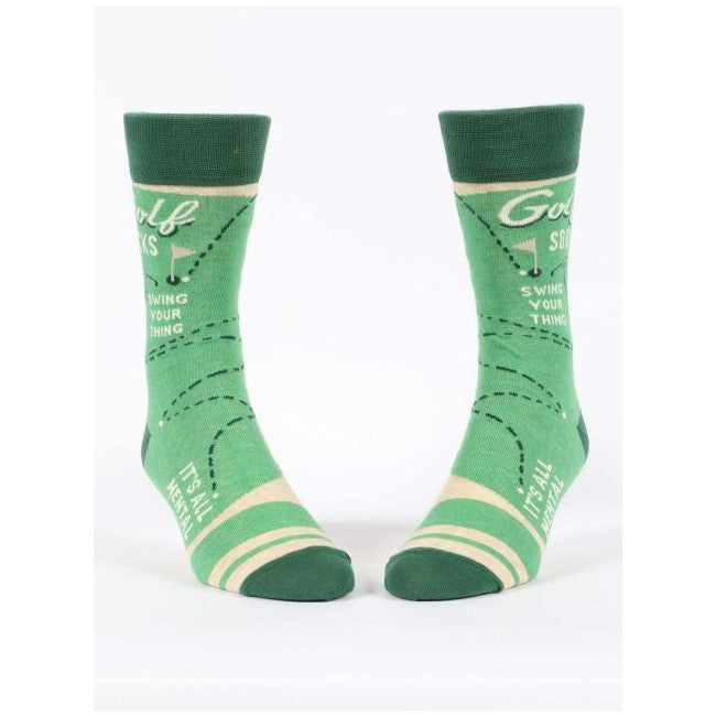 Green socks with golf-themed designs and text.