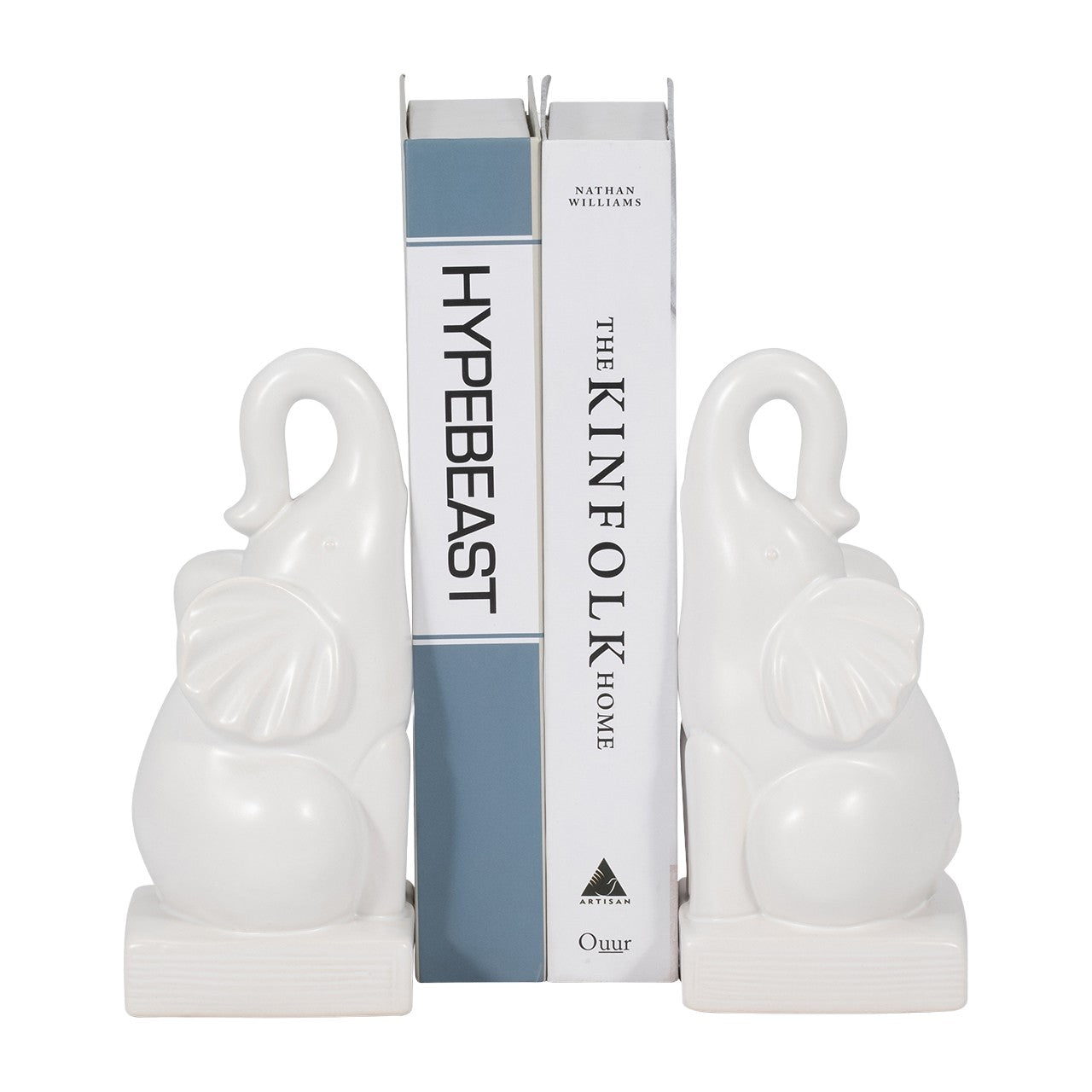 Two books held by white elephant bookends.