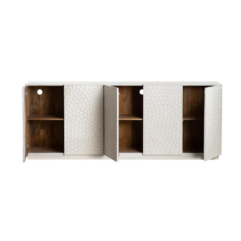 White textured cabinet with open doors revealing shelves.