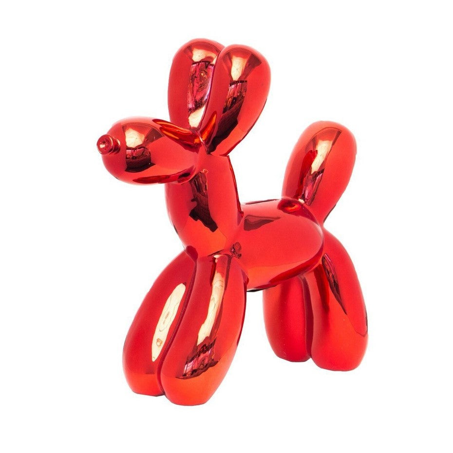 A shiny red balloon dog sculpture on a white background.
