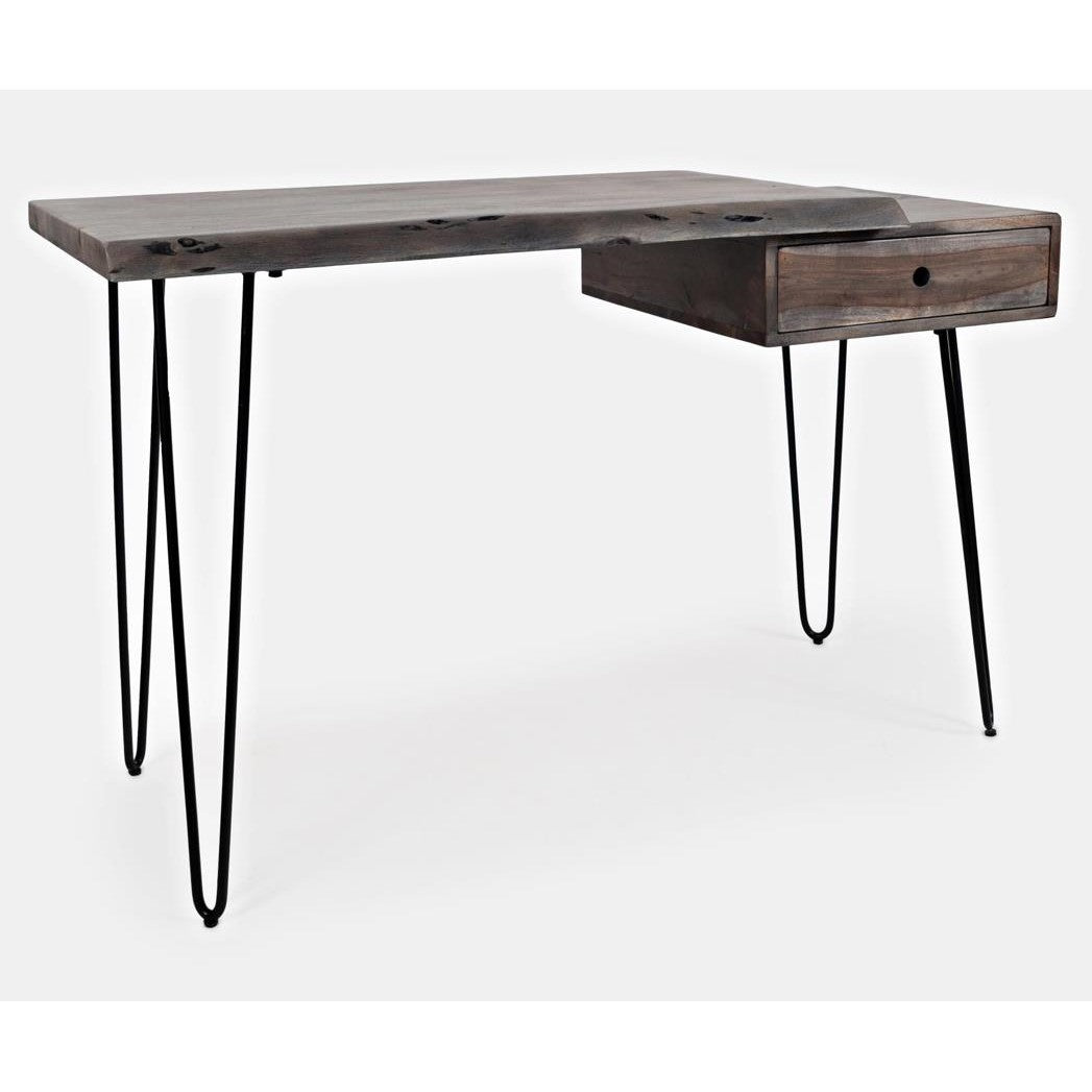 Rustic wooden desk with metal hairpin legs and a single drawer.
