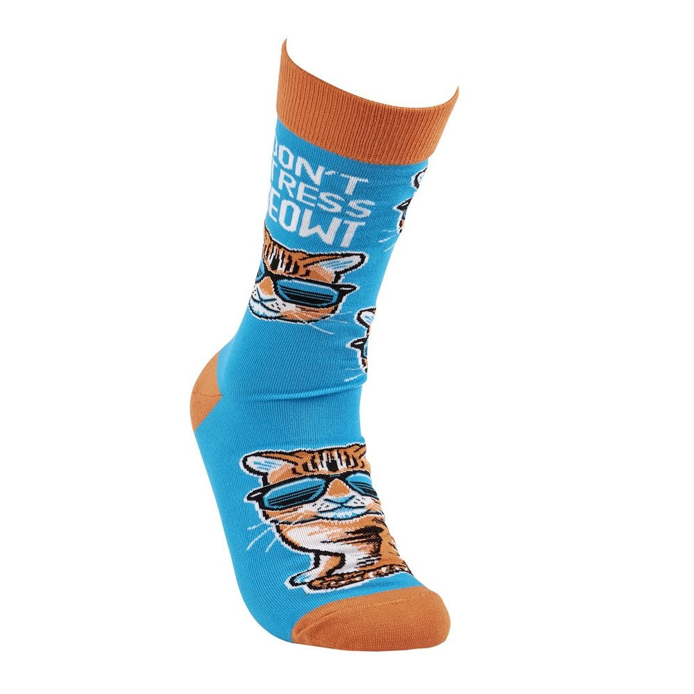 Blue sock with cool cat and "DON'T STRESS MEOWT" text, orange accents.