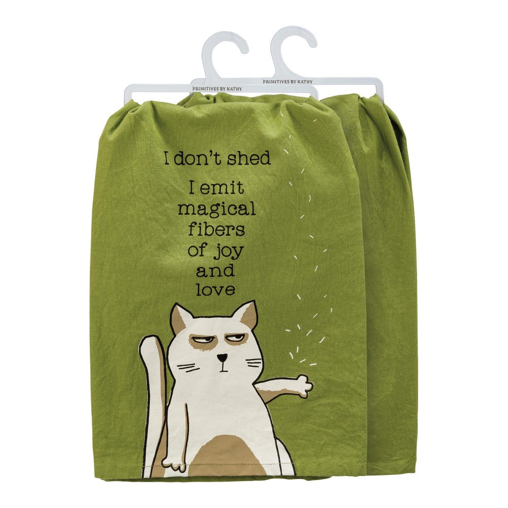 Green dish towel with a cat and humorous quote about shedding.